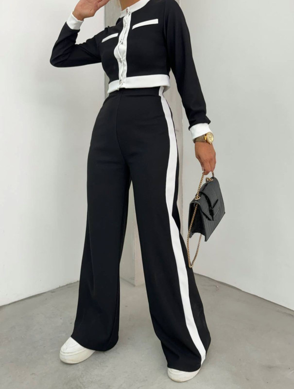 Black Garnished Stripe Detailed Crop-Pants Women's Set